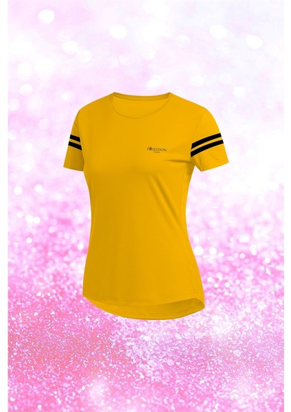 Büyük Bedenkadın Sarı Dri-Fit Kumaş Baskısız Yuvarlak Yaka Kısa Kol Tişört (4XL-10XL)