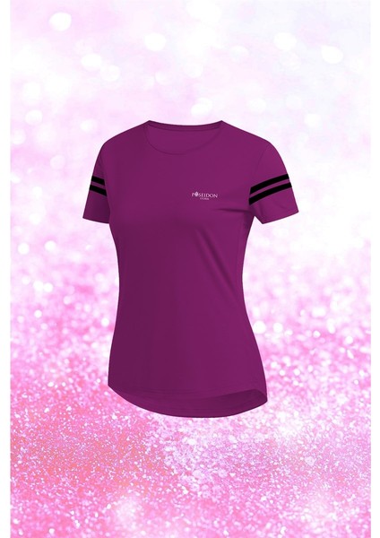 Battal Beden Kadın Mor Dri-Fit Kumaş Spor Için Konforlu Kısa Kol T-Shirt (4XL-10XL)