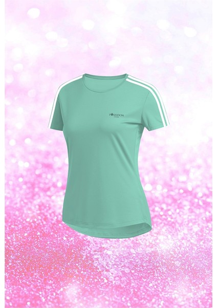 Büyük Beden Kadın Su Yeşili Dri-Fit Kumaş Baskısız Yuvarlak Yaka Kısa Kol T-Shirt (4XL-10XL)