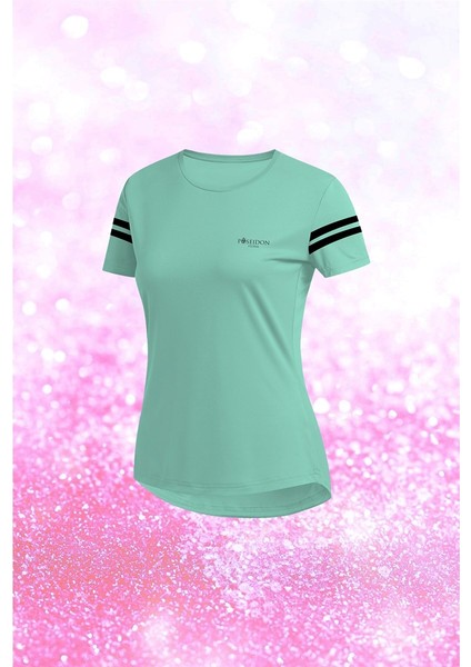 Büyük Beden Kadın Su Yeşili Dri-Fit Kumaş Baskısız Yuvarlak Yaka Kısa Kol T-Shirt (4XL-10XL)