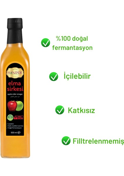 Hanzade Bitkisel Elma Sirkesi 500 ml Doğal Fermantasyon Içilebilir Katkısız