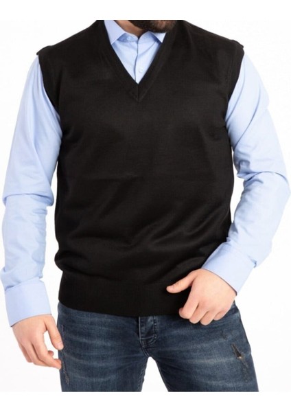 Erkek Siyah V Yaka Ince Yün Triko Örgü Baba Süveter
