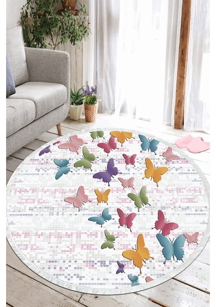 Kelebekli Dijital Baskılı Kaymaz Yıkanabilir Yuvarlak Salon Halısı ve Mutfak Halısı NHY-HS-184