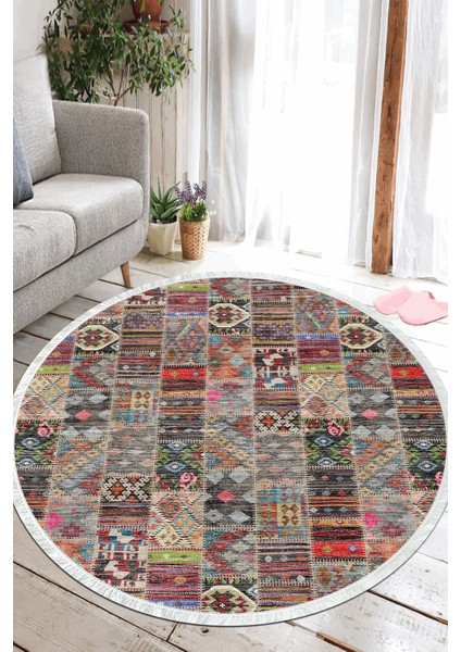 Patchwork Dijital Baskılı Kaymaz Yıkanabilir Yuvarlak Salon Halısı ve Mutfak Halısı NHY-SD-314