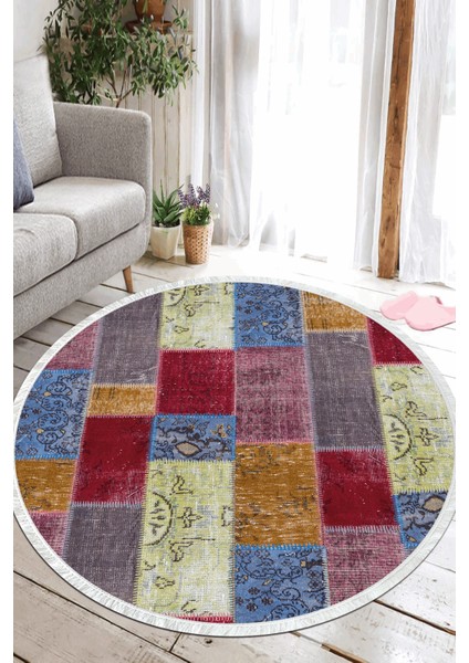 Patchwork Dijital Baskılı Kaymaz Yıkanabilir Yuvarlak Salon Halısı ve Mutfak Halısı NHY-HT-679
