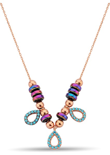 Renkli Hematit Taşlı Damla Figürlü 925 Ayar Gümüş Kolye - N170601