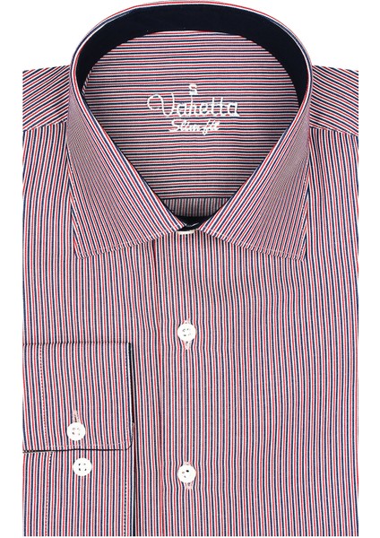 Erkek Kırmızı Slim Fit Çizgili Uzun Kollu Gömlek