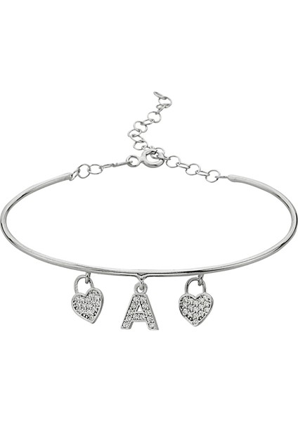 925 Ayar Gümüş Kalpli A Harfi Kelepçe Bileklik - 45091700