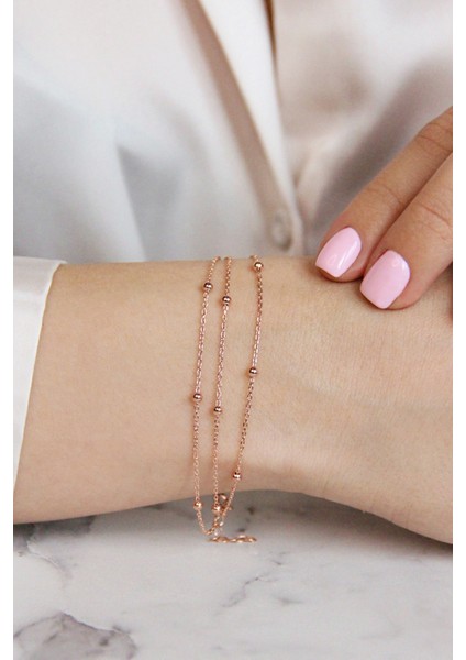 925 Ayar Gümüş Toplu Üç Zincirli Rose Gold Bileklik - B084101