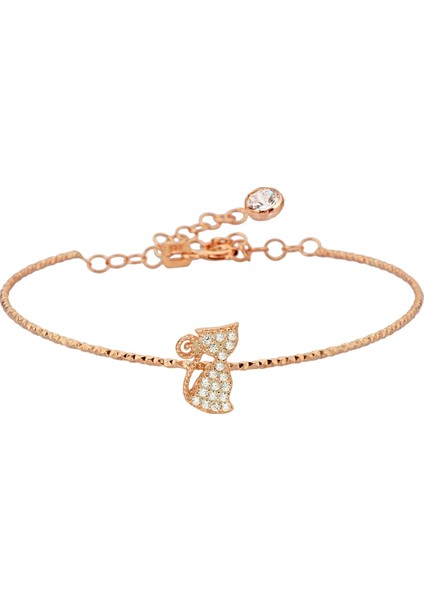 925 Ayar Gümüş Kedi Figürlü Rose Bileklik - B082701