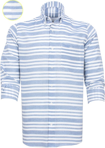 Erkek Açık Mavi Çizgili Pano Desen Uzun Kol Düğmeli Yaka Klasik Kesim Gömlek