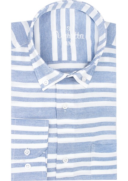 Erkek Açık Mavi Çizgili Pano Desen Uzun Kol Düğmeli Yaka Klasik Kesim Gömlek fiyatları