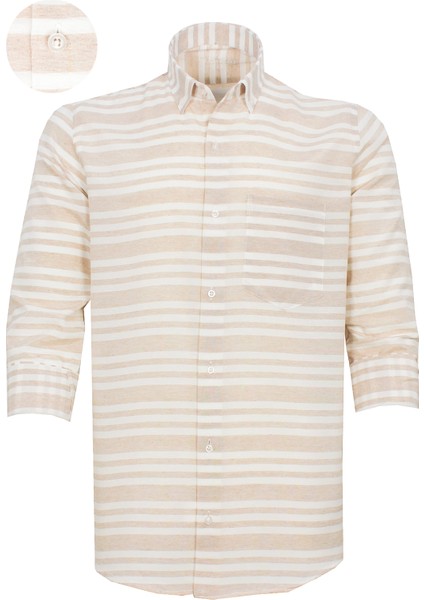 Erkek Taba Renk Çizgili Pano Desen Uzun Kol Düğmeli Yaka Klasik Kesim Gömlek