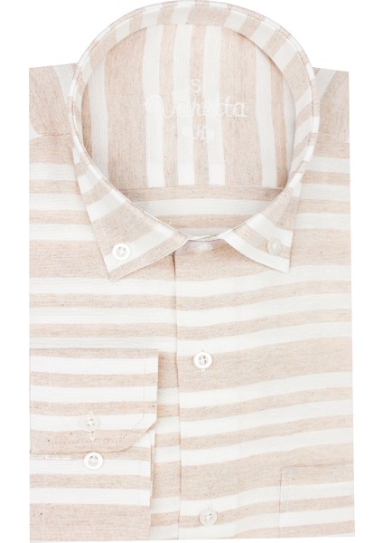 Erkek Taba Renk Çizgili Pano Desen Uzun Kol Düğmeli Yaka Klasik Kesim Gömlek fiyatları