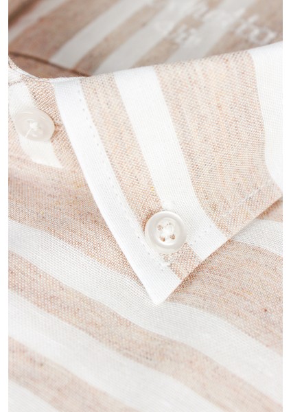 Erkek Taba Renk Çizgili Pano Desen Uzun Kol Düğmeli Yaka Klasik Kesim Gömlek modelleri