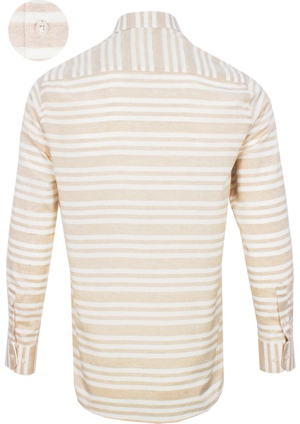 Erkek Taba Renk Çizgili Pano Desen Uzun Kol Düğmeli Yaka Klasik Kesim Gömlek fırsatları