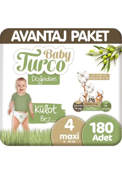 Baby Turco Doğadan Avantaj Paket Külot Bez 8-18 kg 4 Beden 180'li