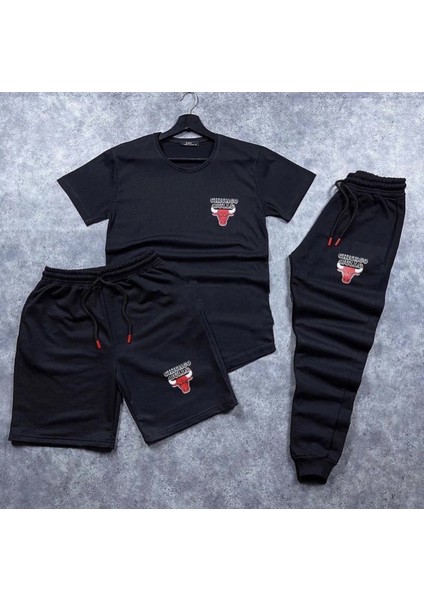 Bulls Dijital Baskılı Pamuk Kısa Kollu Yazlık 3lü Erkek Eşofman Takımı