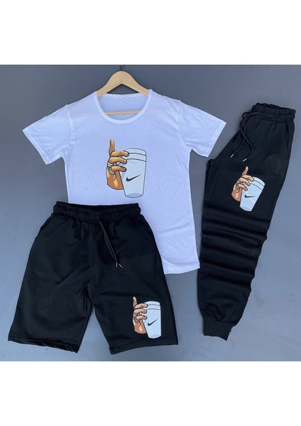 Bardak Dijital Baskılı Pamuk Kısa Kollu Yazlık Yeni Trend 3lü Erkek Eşofman Takımı