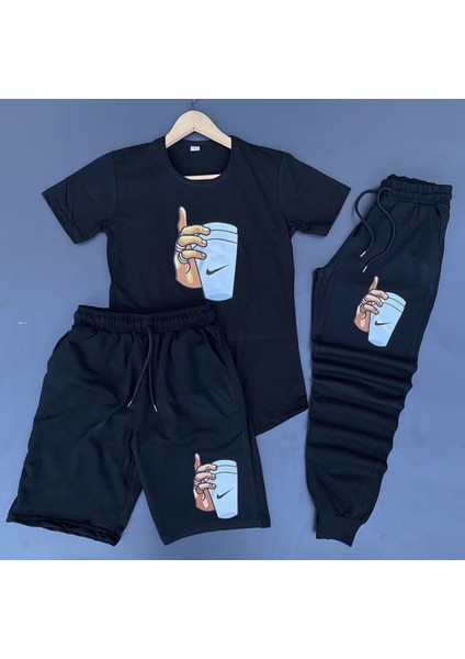 Yeni Trend Bardak Tutan El Baskılı Pamuk Kısa Kollu Yazlık 3lü Erkek Eşofman Takımı