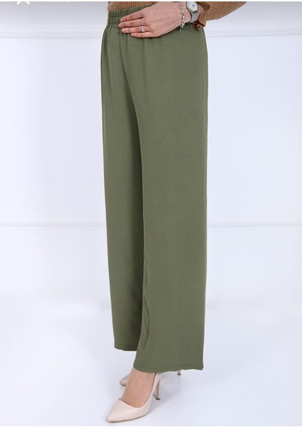 Kadın Haki Beli Lastikli Ayrobin Kumaş Bol Paça Büyük Beden Pantolon fiyatları