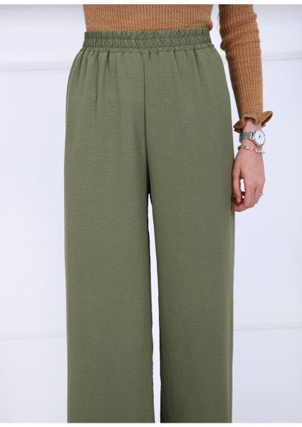 Kadın Haki Beli Lastikli Ayrobin Kumaş Bol Paça Büyük Beden Pantolon modelleri