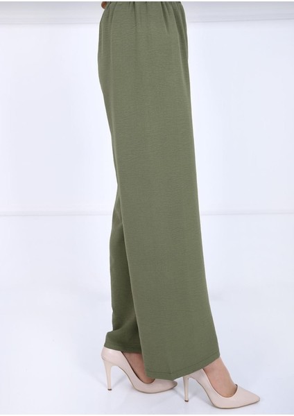 Kadın Haki Beli Lastikli Ayrobin Kumaş Bol Paça Büyük Beden Pantolon fırsatları