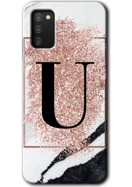 Samsung Galaxy A03S Kılıf Hd Desen Baskılı Arka Kapak - Pembe Mermer Desenli U Harfi