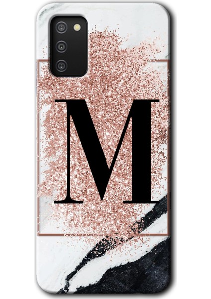 Samsung Galaxy A02S Kılıf Hd Desen Baskılı Arka Kapak - Pembe Mermer Desenli M Harfi