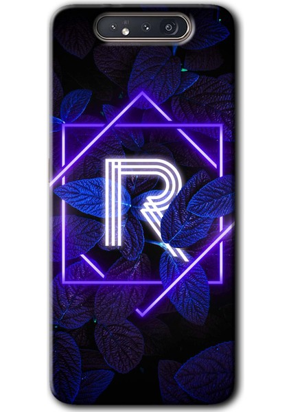 Samsung Galaxy A80 Kılıf Hd Desen Baskılı Arka Kapak - Dark Neon Yaprak R Harfi