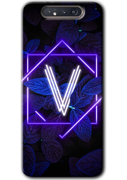 Samsung Galaxy A80 Kılıf Hd Desen Baskılı Arka Kapak - Dark Neon Yaprak V Harfi