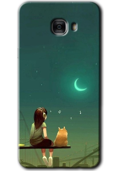 Samsung Galaxy C7 Kılıf Hd Desen Baskılı Arka Kapak - Kedili Kız