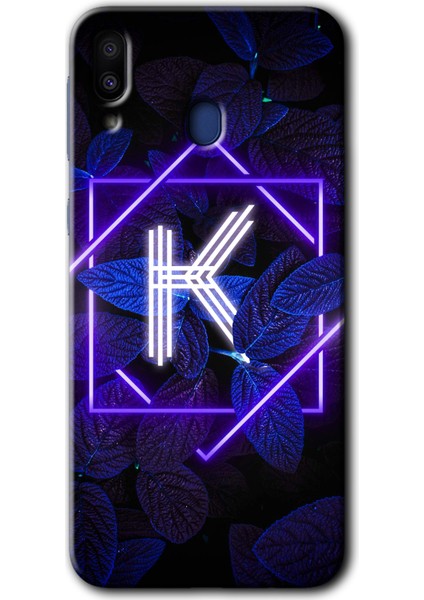 Samsung Galaxy M10 Kılıf Hd Desen Baskılı Arka Kapak - Dark Neon Yaprak K Harfi