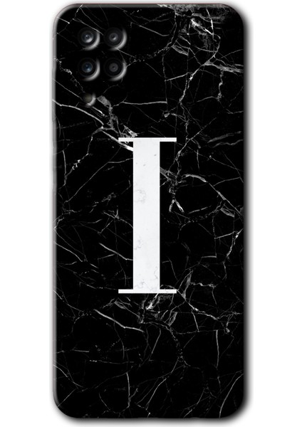 Samsung Galaxy A12 Kılıf Hd Desen Baskılı Arka Kapak - Siyah Mermer Desenli I Harfi