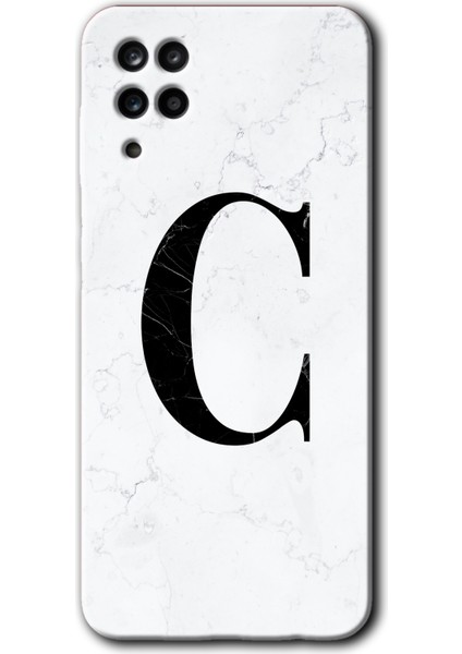 Samsung Galaxy A12 Kılıf Hd Desen Baskılı Arka Kapak - Beyaz Mermer Desenli C Harfi
