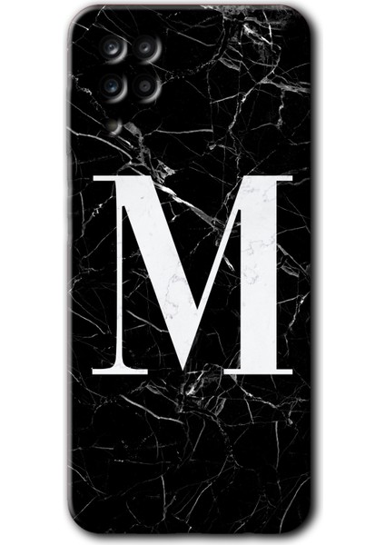Samsung Galaxy A12 Kılıf Hd Desen Baskılı Arka Kapak - Siyah Mermer Desenli M Harfi