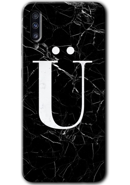 Samsung Galaxy A70 Kılıf Hd Desen Baskılı Arka Kapak - Siyah Mermer Desenli Ü Harfi