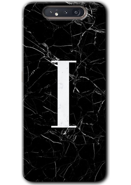 Samsung Galaxy A80 Kılıf Hd Desen Baskılı Arka Kapak - Siyah Mermer Desenli I Harfi