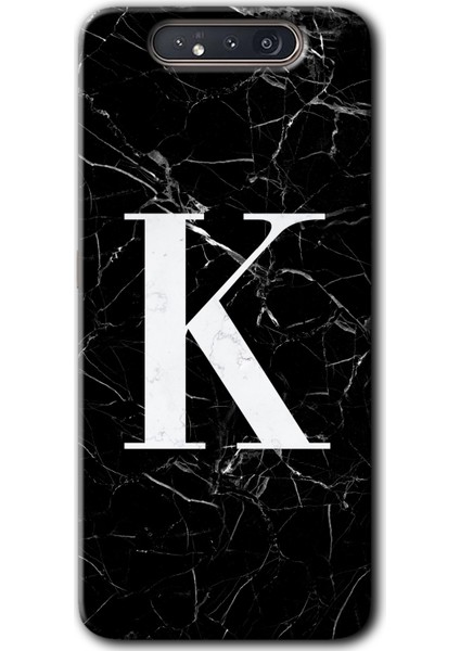Samsung Galaxy A80 Kılıf Hd Desen Baskılı Arka Kapak - Siyah Mermer Desenli K Harfi