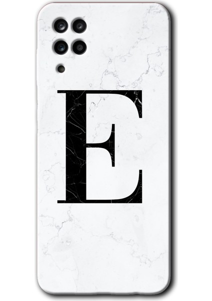 Samsung Galaxy A12 Kılıf Hd Desen Baskılı Arka Kapak - Beyaz Mermer Desenli E Harfi