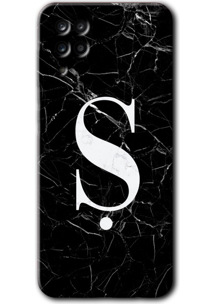 Samsung Galaxy A12 Kılıf Hd Desen Baskılı Arka Kapak - Siyah Mermer Desenli Ş Harfi