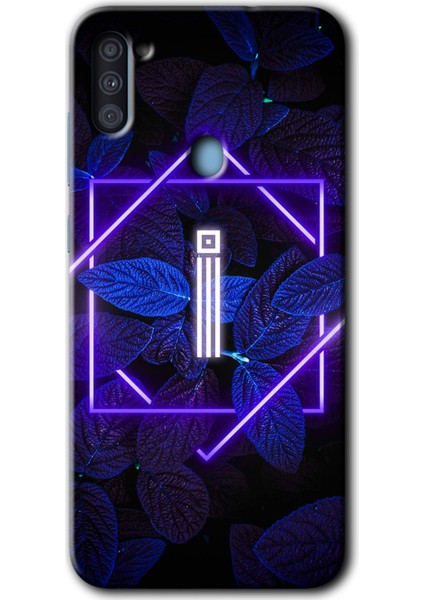 Samsung Galaxy M11 Kılıf Hd Desen Baskılı Arka Kapak - Dark Neon Yaprak I Harfi