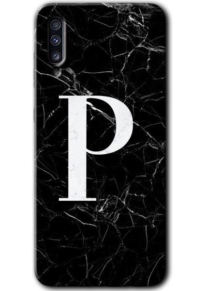 Samsung Galaxy A50 Kılıf Hd Desen Baskılı Arka Kapak - Siyah Mermer Desenli P Harfi