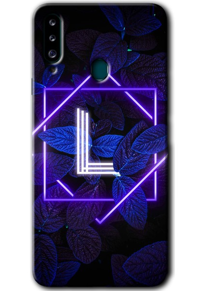Samsung Galaxy A20S Kılıf Hd Desen Baskılı Arka Kapak - Dark Neon Yaprak L Harfi