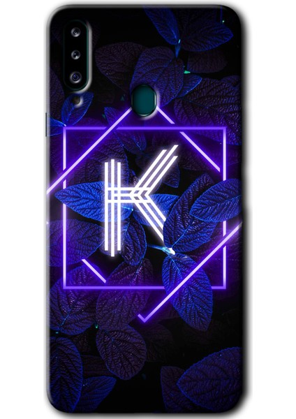 Samsung Galaxy A20S Kılıf Hd Desen Baskılı Arka Kapak - Dark Neon Yaprak K Harfi