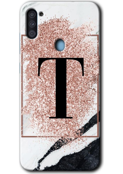 Samsung Galaxy M11 Kılıf Hd Desen Baskılı Arka Kapak - Pembe Mermer Desenli T Harfi