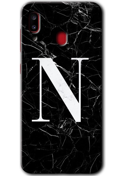 Samsung Galaxy A30 Kılıf Hd Desen Baskılı Arka Kapak - Siyah Mermer Desenli N Harfi