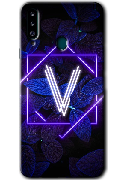 Samsung Galaxy A20S Kılıf Hd Desen Baskılı Arka Kapak - Dark Neon Yaprak V Harfi