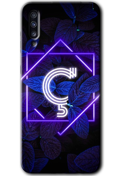 Samsung Galaxy A50 Kılıf Hd Desen Baskılı Arka Kapak - Dark Neon Yaprak Ç Harfi