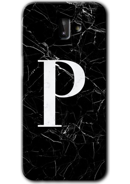 Samsung Galaxy J6 Plus Kılıf Hd Desen Baskılı Arka Kapak - Siyah Mermer Desenli P Harfi